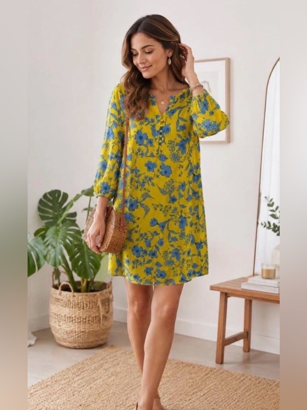 CAbi Yellow Dress with Blue Floral Print